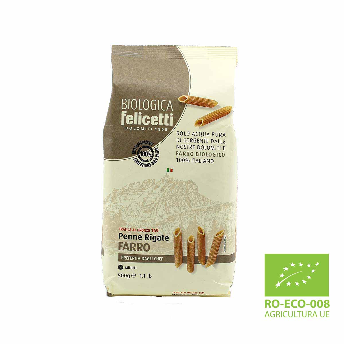 Felicetti Organic Pasta - N°169 Farro Penne Rigate 500g (17.6oz)